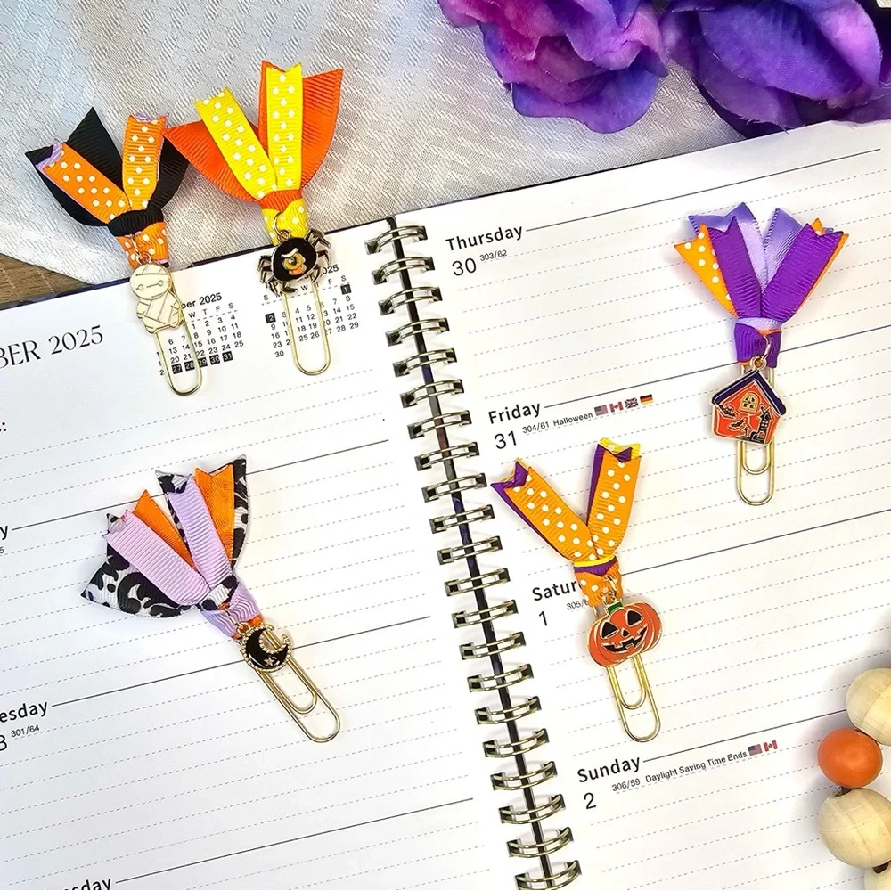 Set of 5 Halloween Ribbon Paperclip Bookmarks with Charms